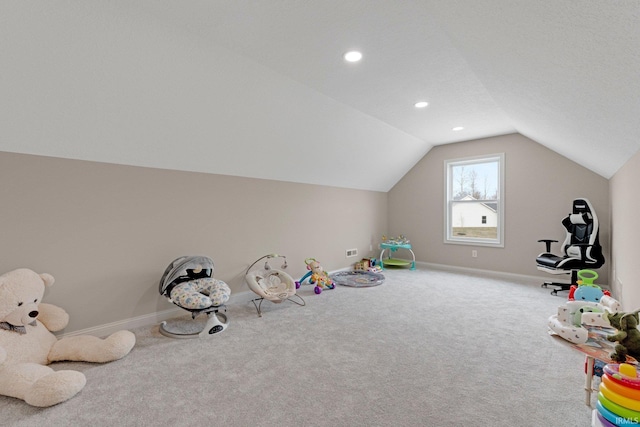 playroom featuring baseboards, recessed lighting, carpet, and lofted ceiling