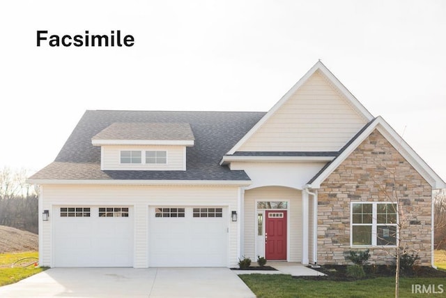 craftsman inspired home featuring roof with shingles, driveway, and stone siding