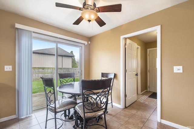 51821 Trowbridge Ln, South Bend, IN 46637 - dining area with a ceiling fan, baseboards, and light tile patterned floors