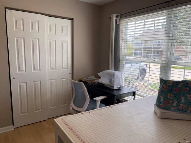 bedroom featuring a closet, light wood finished floors, and multiple windows