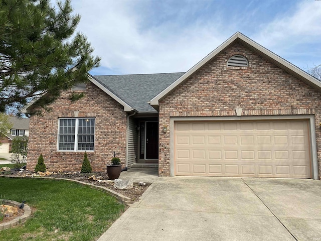 ranch-style home featuring brick siding, a shingled roof, a garage, and concrete driveway