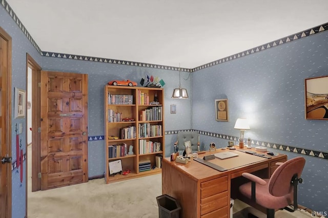carpeted office with wallpapered walls