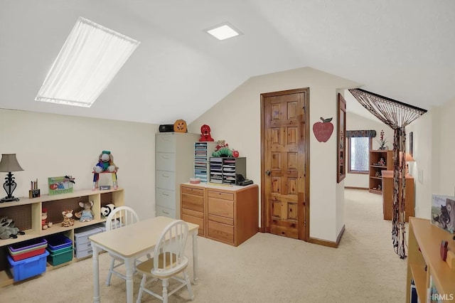 interior space featuring vaulted ceiling and light carpet