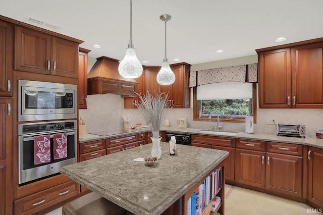 kitchen featuring visible vents, black appliances, light stone counters, a sink, and custom range hood