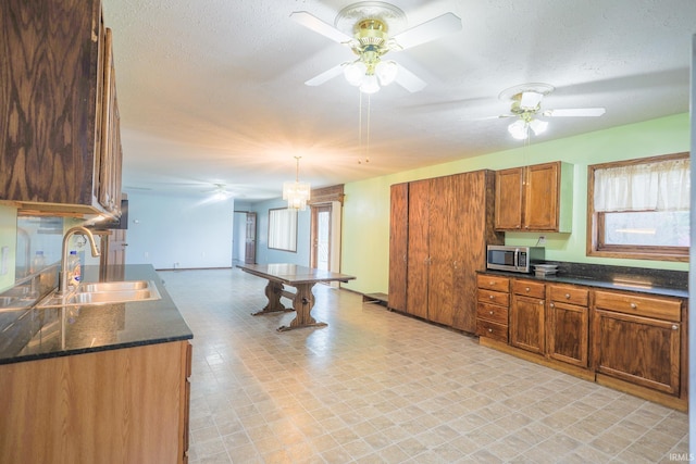 kitchen featuring stainless steel microwave, plenty of natural light, a sink, and a ceiling fan