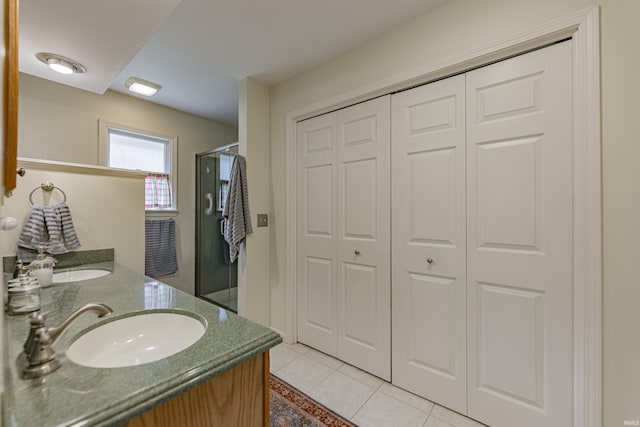 379 Pleasant View Dr, Evansville, IN 47711 - full bathroom featuring a closet, a sink, double vanity, tile patterned floors, and a stall shower