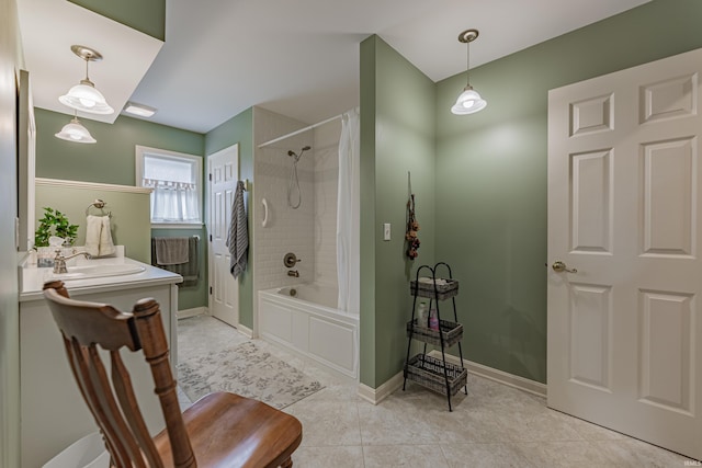 379 Pleasant View Dr, Evansville, IN 47711 - full bath with tile patterned floors, vanity, baseboards, and shower / bath combination with curtain