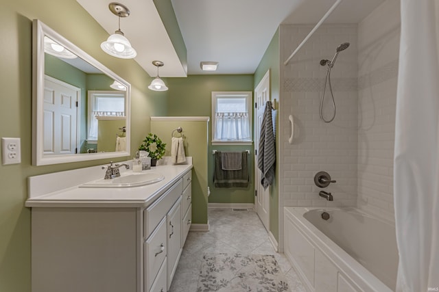 379 Pleasant View Dr, Evansville, IN 47711 - bathroom with tile patterned floors, vanity, baseboards, and shower / bath combination with curtain