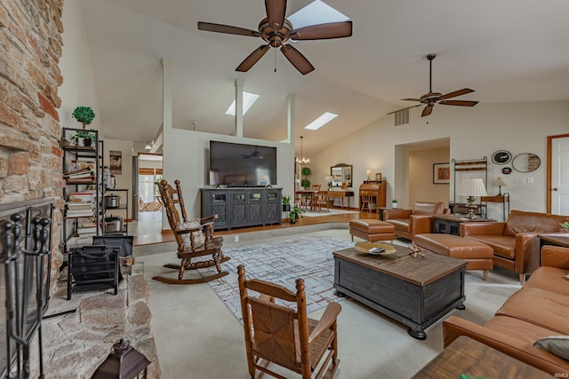 379 Pleasant View Dr, Evansville, IN 47711 - carpeted living area featuring high vaulted ceiling, visible vents, a ceiling fan, and a skylight
