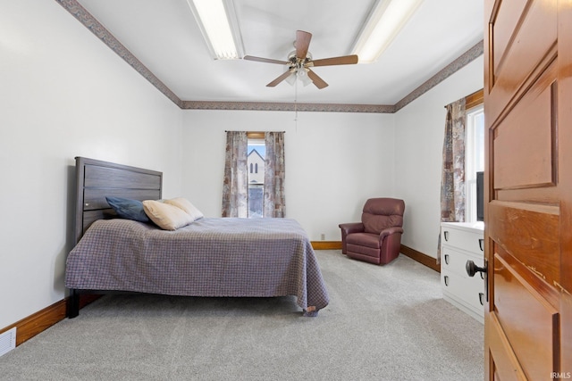 328 W Market St, Bluffton, IN 46714 - bedroom featuring light colored carpet, ceiling fan, baseboards, and visible vents