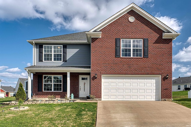 9919 Blyth Dr, Evansville, IN 47725 - traditional home featuring concrete driveway, a front yard, brick siding, and an attached garage