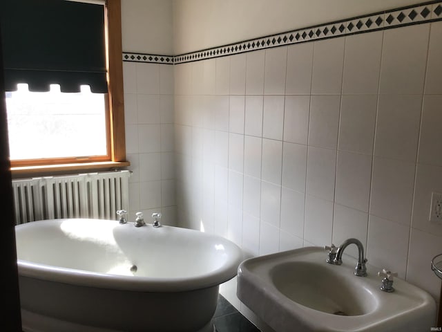 bathroom featuring a sink, tile walls, and radiator