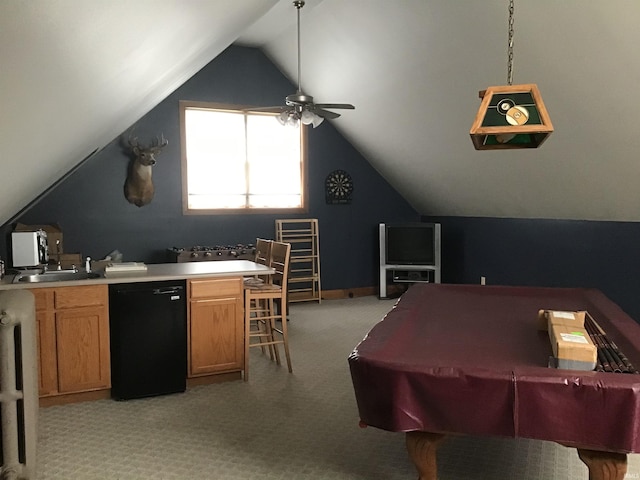 rec room featuring light carpet, pool table, a ceiling fan, and lofted ceiling
