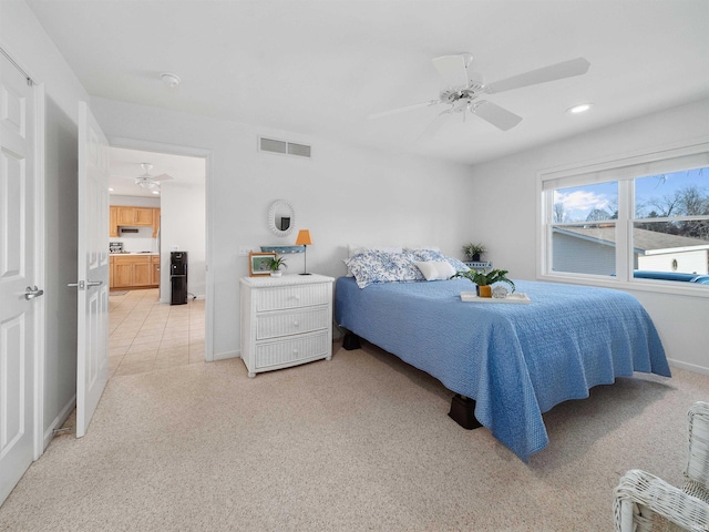11523 N Crowdale Dr, Syracuse, IN 46567 - bedroom featuring a ceiling fan, visible vents, recessed lighting, light carpet, and baseboards