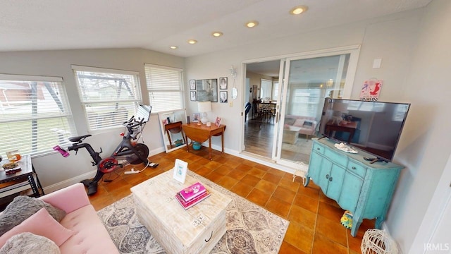 10509 N Lakeview Dr, Monticello, IN 47960 - tiled living area with lofted ceiling, recessed lighting, and baseboards