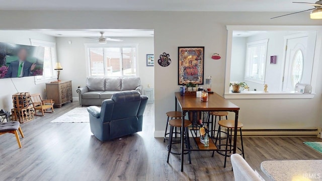 10509 N Lakeview Dr, Monticello, IN 47960 - dining area with wood finished floors, plenty of natural light, a ceiling fan, and baseboard heating