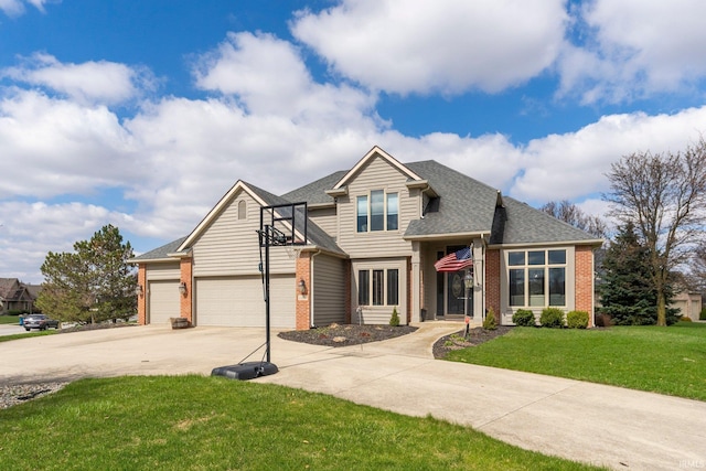 craftsman-style house with brick siding, a front lawn, a garage, and concrete driveway