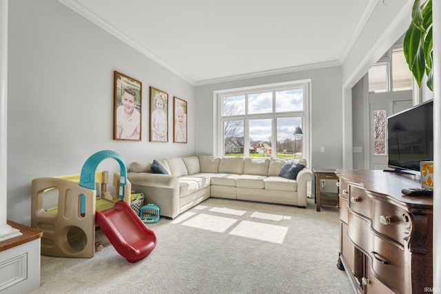 living room featuring ornamental molding and light colored carpet