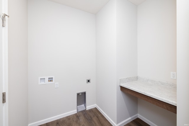 laundry area with hookup for an electric dryer, baseboards, laundry area, hookup for a washing machine, and dark wood finished floors