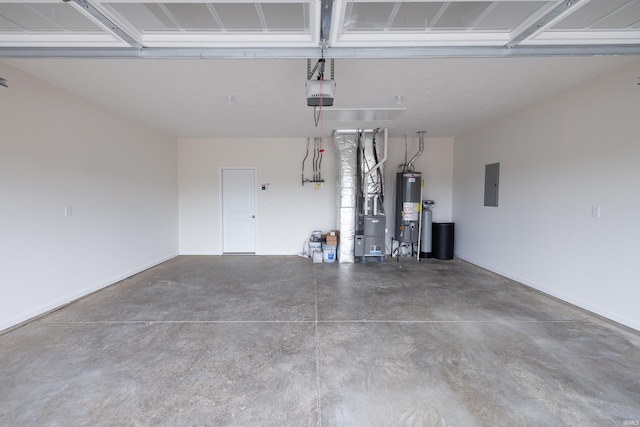 garage with electric panel, baseboards, a garage door opener, and gas water heater