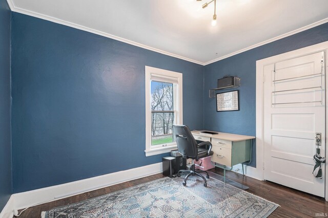 1069 Riverside Dr, South Bend, IN 46616 - home office with crown molding, baseboards, and dark wood finished floors