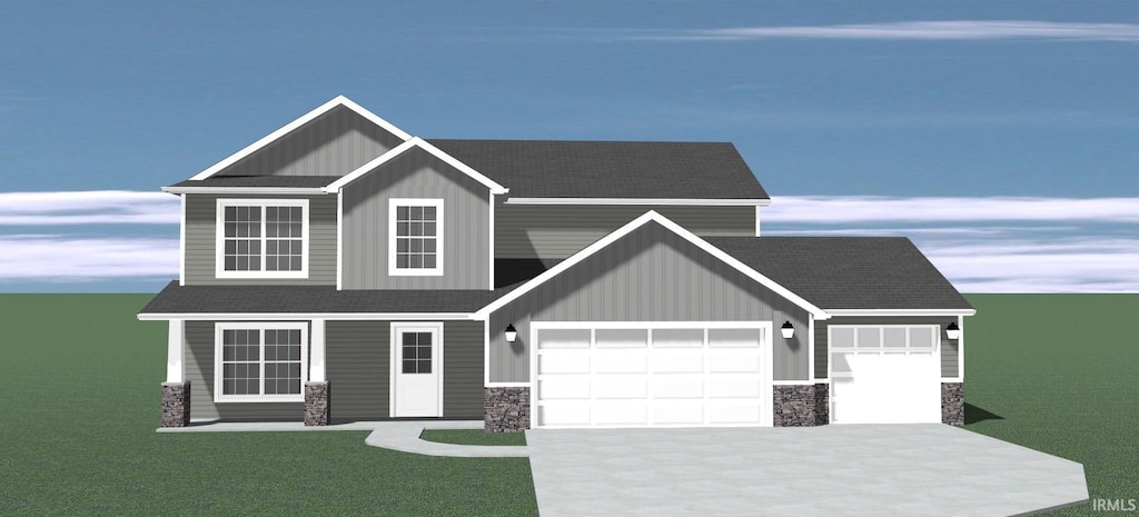 210 Dittons Way, Fort Wayne, IN 46845 - view of front facade featuring an attached garage, stone siding, board and batten siding, concrete driveway, and roof with shingles