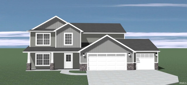 210 Dittons Way, Fort Wayne, IN 46845 - view of front facade featuring an attached garage, stone siding, board and batten siding, concrete driveway, and roof with shingles
