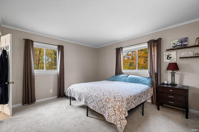 bedroom featuring crown molding, multiple windows, and light carpet