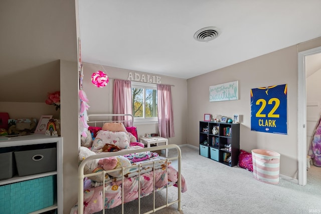 carpeted bedroom with baseboards and visible vents