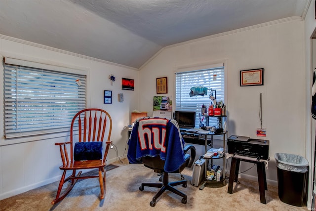 carpeted office space featuring crown molding, baseboards, and lofted ceiling