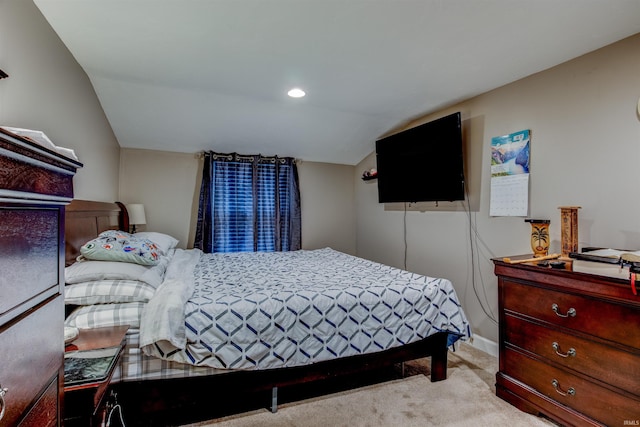 carpeted bedroom with recessed lighting and lofted ceiling