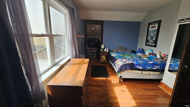 bedroom with vaulted ceiling and wood finished floors