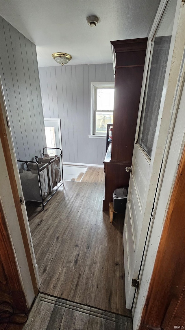 hall featuring wood walls and wood finished floors