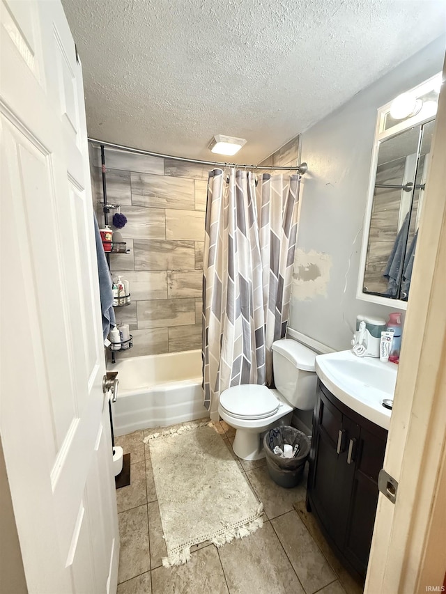 2224 S 350 W, Russiaville, IN 46979 - bathroom featuring vanity, tile patterned flooring, a textured ceiling, toilet, and shower / bathtub combination with curtain