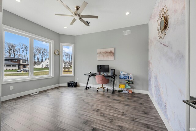 office area featuring ceiling fan, visible vents, recessed lighting, wood finished floors, and baseboards