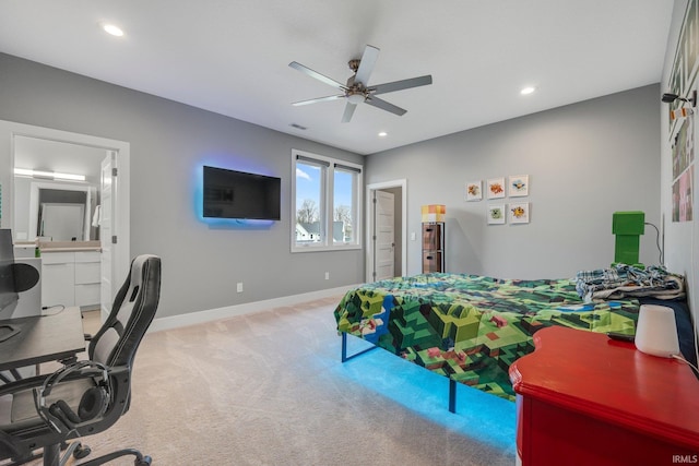 carpeted bedroom featuring ensuite bathroom, a ceiling fan, visible vents, recessed lighting, and baseboards