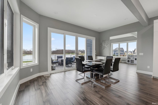 dining area featuring a healthy amount of sunlight, baseboards, and dark wood-style floors