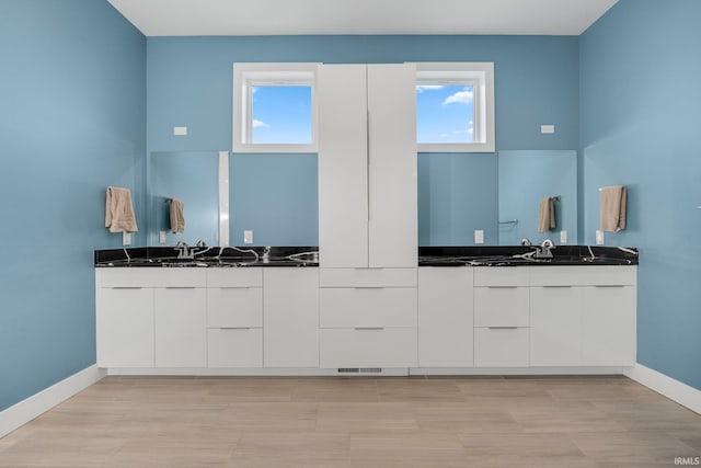 full bathroom featuring baseboards, double vanity, and a healthy amount of sunlight
