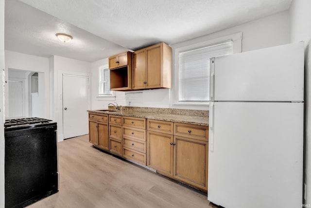 kitchen featuring freestanding refrigerator, light wood-type flooring, gas range, light stone counters, and a sink