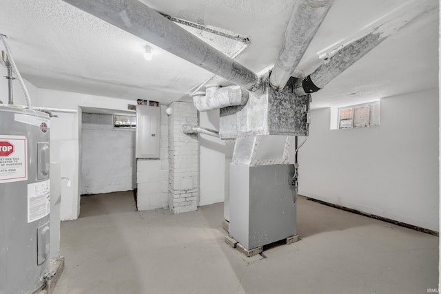 basement with electric panel, water heater, and heating unit