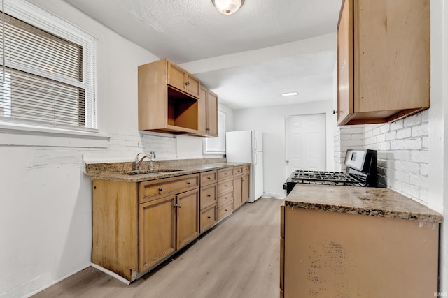 kitchen with stainless steel range with gas stovetop, a sink, freestanding refrigerator, a healthy amount of sunlight, and light wood-style flooring
