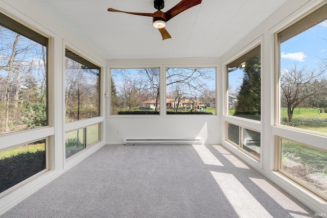 unfurnished sunroom featuring carpet flooring and a baseboard heating unit