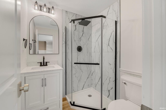 full bathroom featuring toilet, a marble finish shower, and vanity