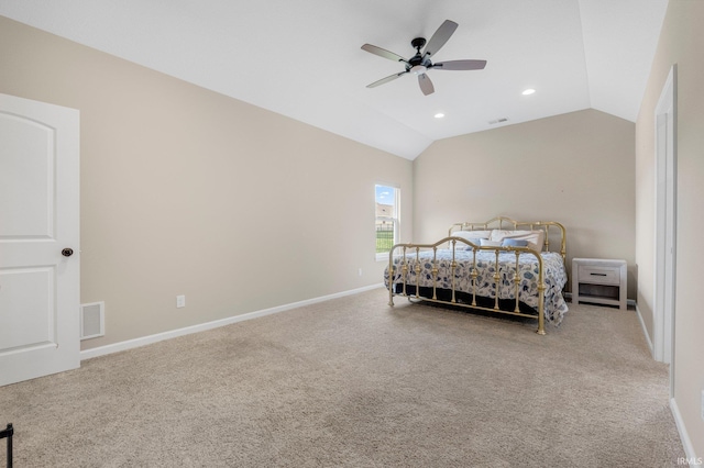 carpeted bedroom featuring visible vents, ceiling fan, recessed lighting, and lofted ceiling