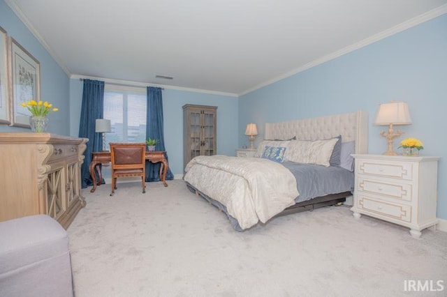 bedroom featuring light carpet, baseboards, and ornamental molding