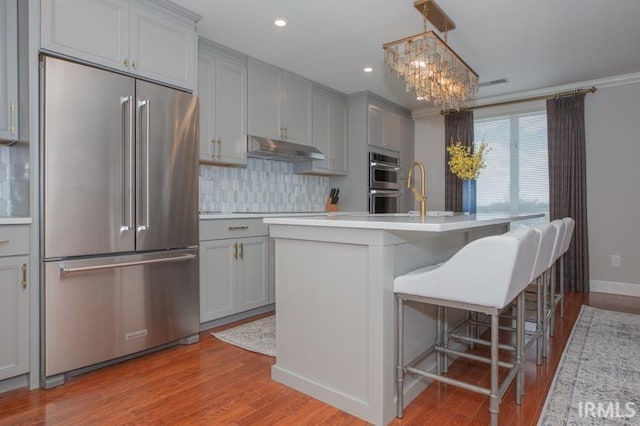 kitchen with a sink, light wood-type flooring, appliances with stainless steel finishes, under cabinet range hood, and gray cabinetry