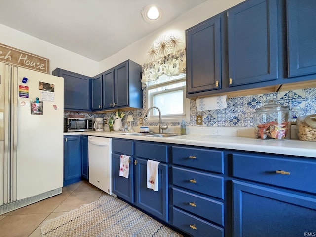 kitchen featuring a sink, light countertops, white appliances, and blue cabinets