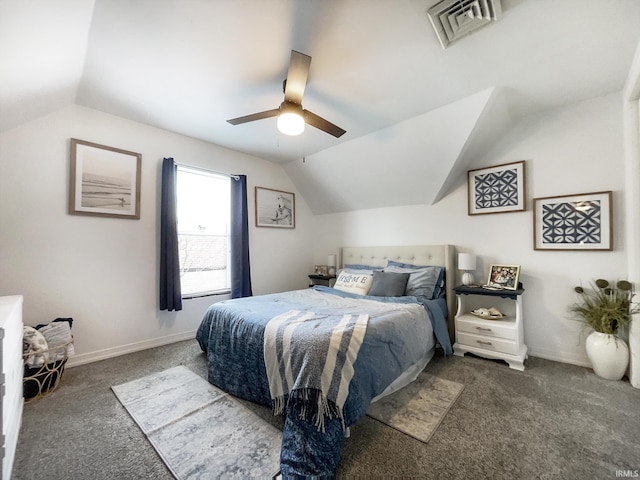 bedroom with a ceiling fan, visible vents, carpet floors, lofted ceiling, and baseboards