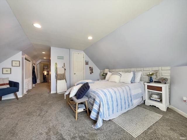 carpeted bedroom with recessed lighting, baseboards, and vaulted ceiling