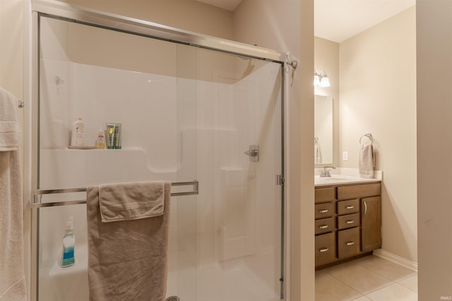 bathroom featuring a shower stall, tile patterned floors, vanity, and baseboards